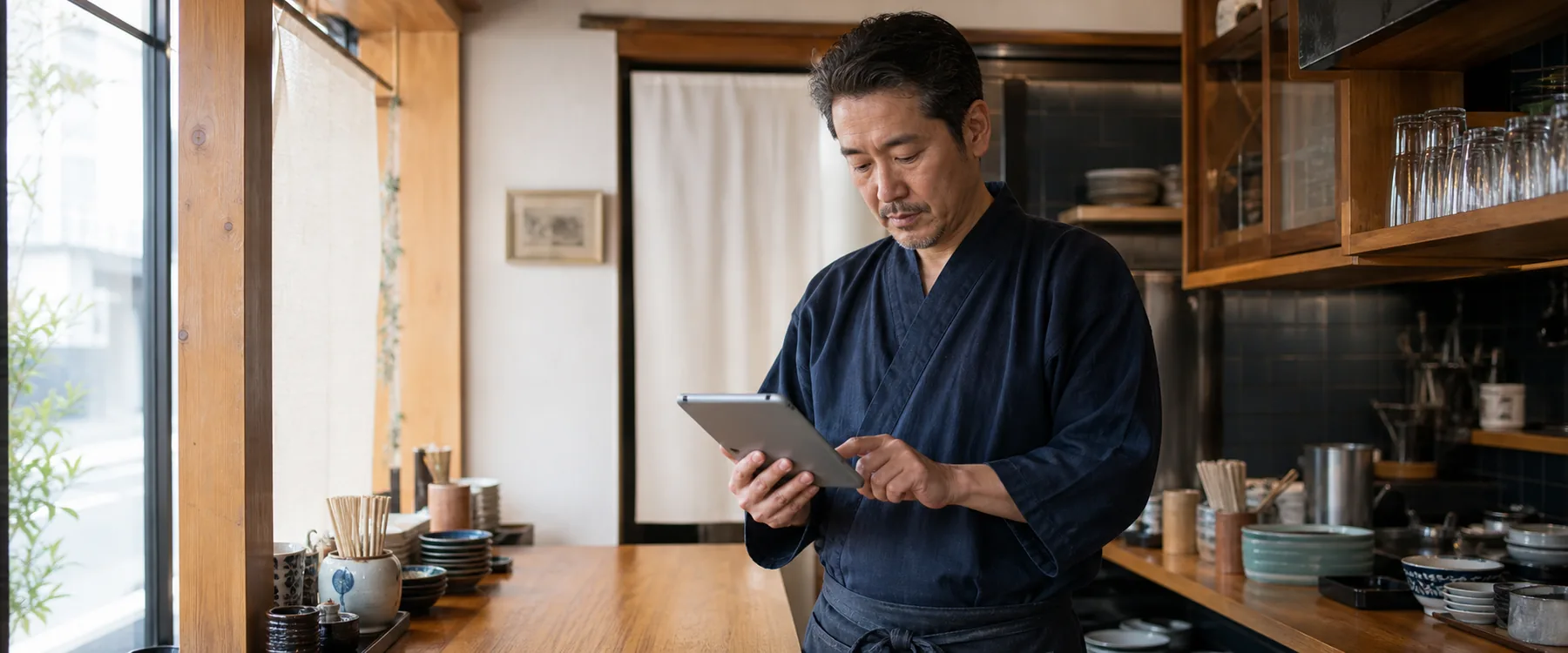 開店前の店内でタブレットを確認する飲食店オーナー
